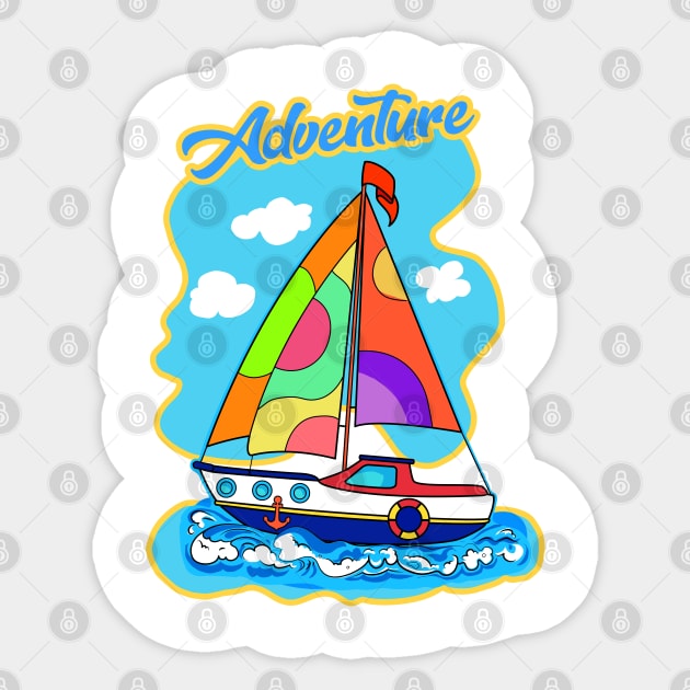 Adventure. Summer Travel in a boat with sails, Beautiful Sea, Sky, blue boat with sail illustration. Gifts for boy. Cartoon, cute ship Sticker by sofiartmedia